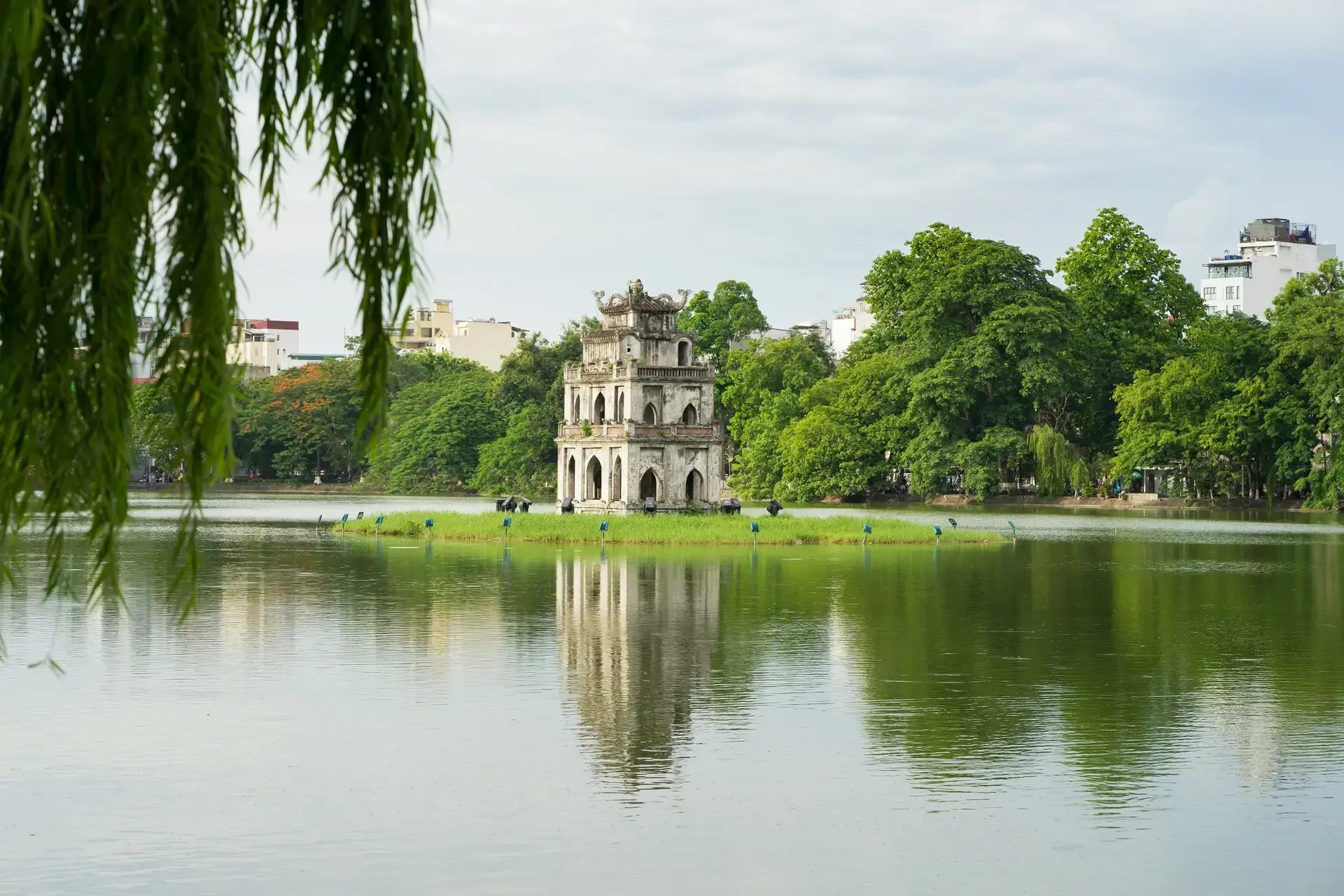 The iconic Turtle Tower at Hoan Kiem Lake in the heart of Hanoi